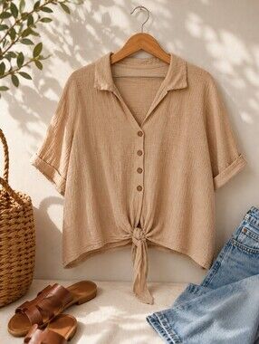 Herinbe Tu 100% Cotton Gauze Tie-Front Blouse | Medium